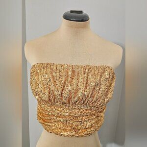 Free People  NWT Strapless Crop Ta Da Shimmering Gold Sequin Top W/ Boning Sz L